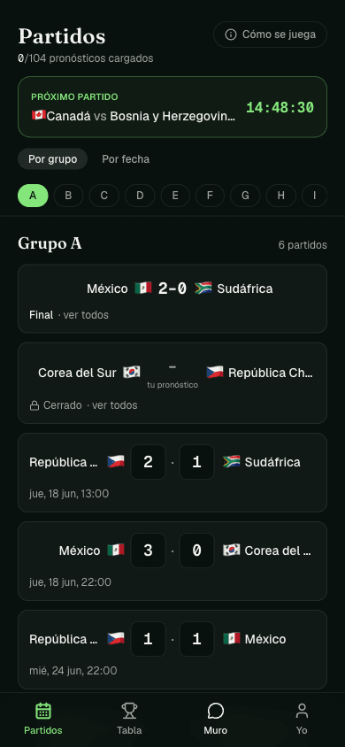 Fixture del Mundial 2026 en la app: resultados en vivo y pronósticos cargados del grupo A
