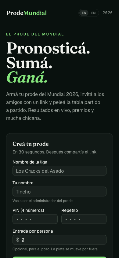 Portada de la app: Pronosticá, sumá, ganá, y el alta de una liga en 30 segundos